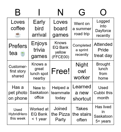 EQ Bank Saskatoon Team Bingo Card