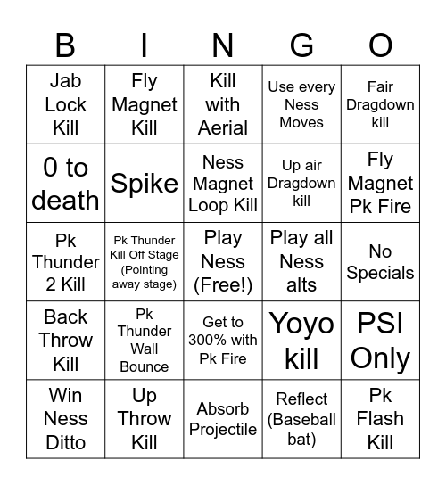 Ness Smash Ultimate Bingo Card