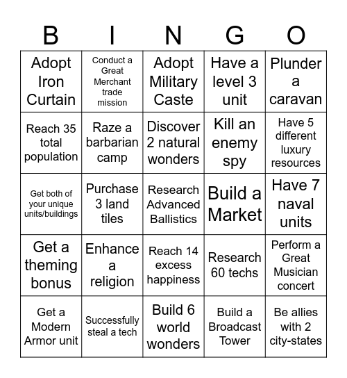 Civ 5 bingo Card