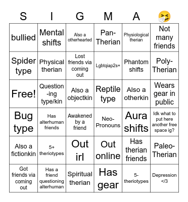 Therian bingo! :3 Bingo Card