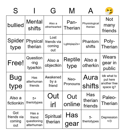 Therian bingo! :3 Bingo Card