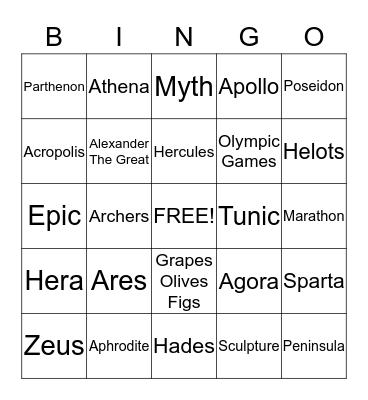 Greece Bingo Card