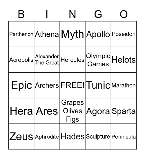 Greece Bingo Card