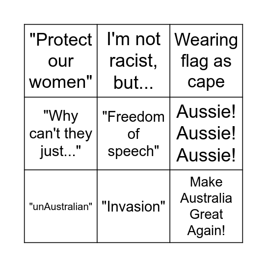 Australian Anti-Immigration March Bingo Card