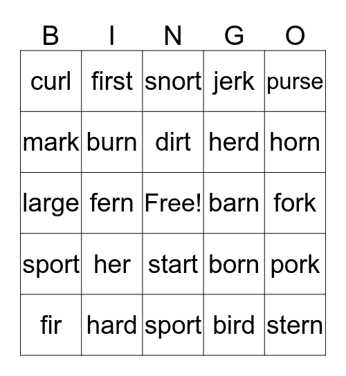 R Controlled Vowels Bingo Card