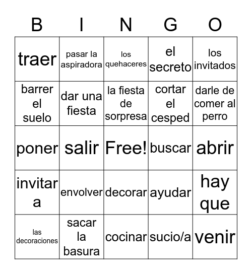 U5L2 Vocab. English to Spanish Bingo Card