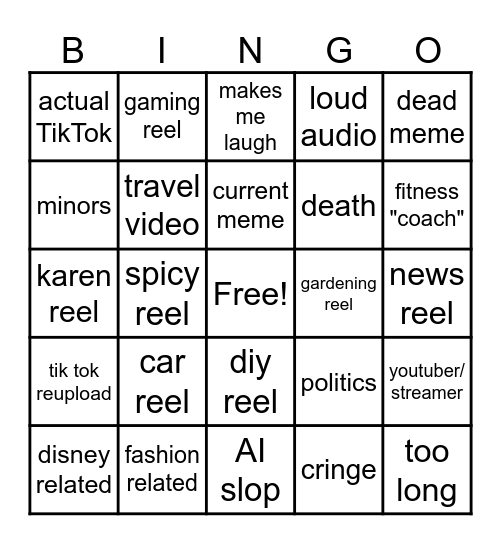 Instagram reel bingo Card