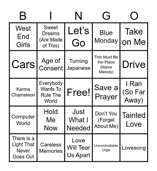 80s New Wave 1 Bingo Card