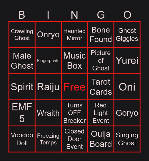 Phasmophobia Bingo Card