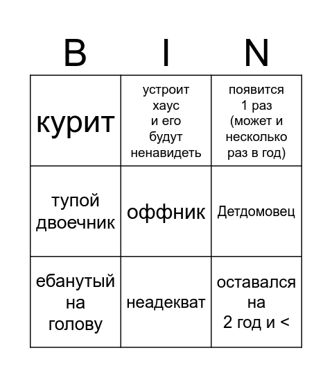 Бинго новеньких в классе Bingo Card