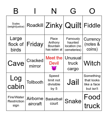 EVIL Roadtrip Bingo Card