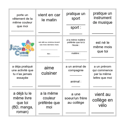 Bingo   Ma classe de 6è__ Bingo Card