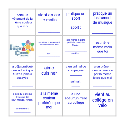 Bingo   Ma classe de 6è__ Bingo Card