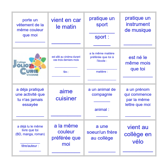 Bingo   Ma classe de 6è__ Bingo Card