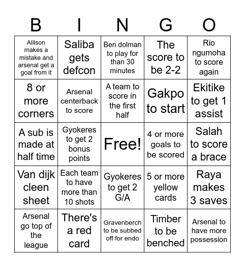 Liverpool vs arsenal Bingo Card