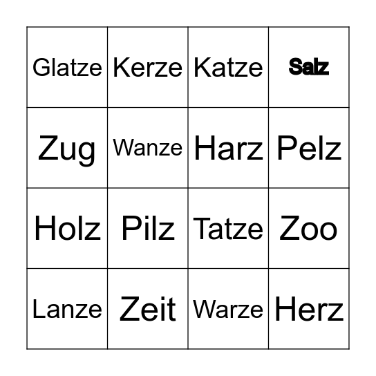 Z z Bingo Card