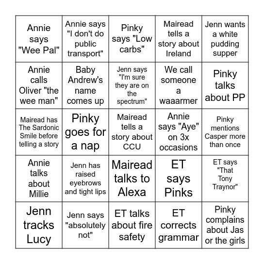 Spice Girls Bingo Card