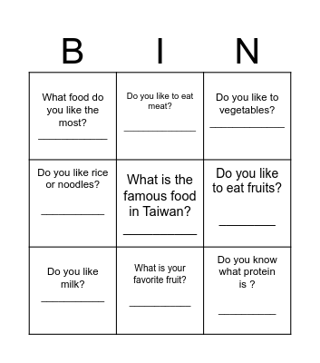 Food Around the World Warm up Bingo Card