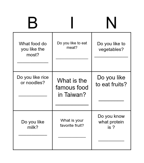 Food Around the World Warm up Bingo Card