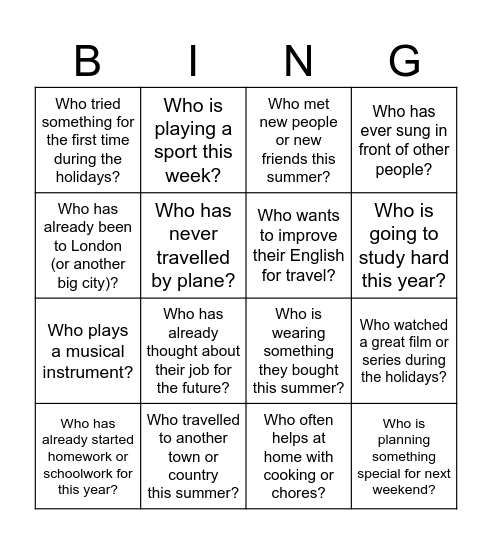Back to school bingo Card
