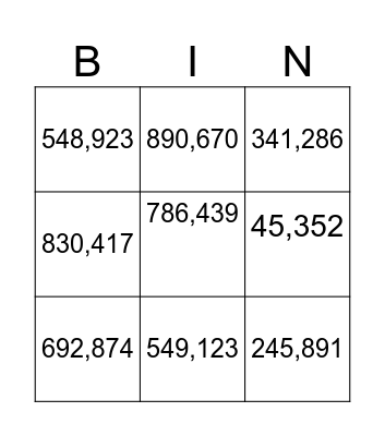 Place value Bingo Card