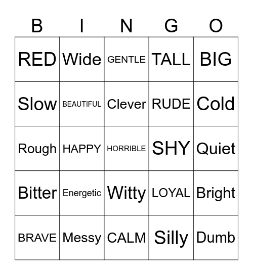 Adjective Bingo Card