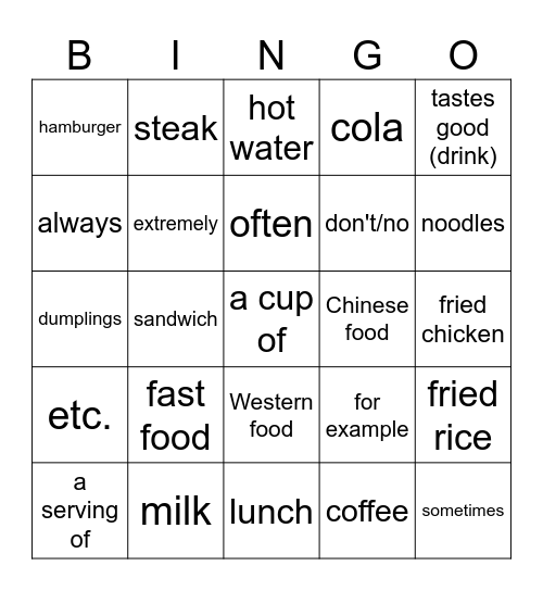 Food and drink Bingo Card