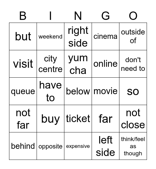 Directions Bingo Card