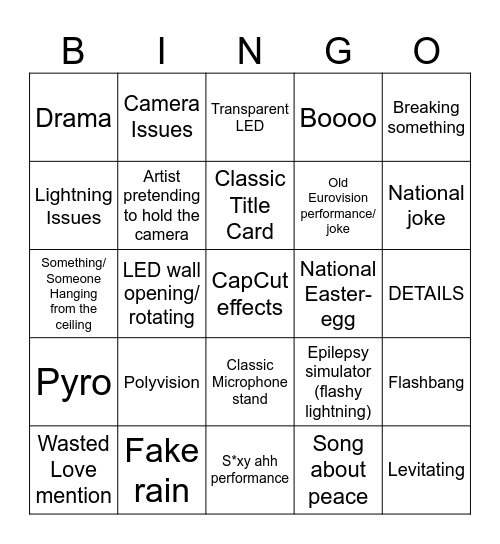 Eurovision 2026 Bingo Card