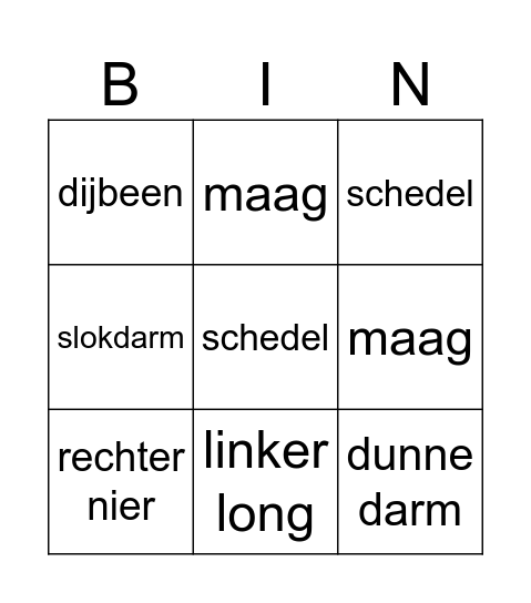 Organen bingo Card