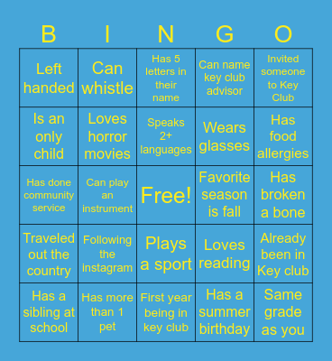 Key Club: Get to know you Bingo Card