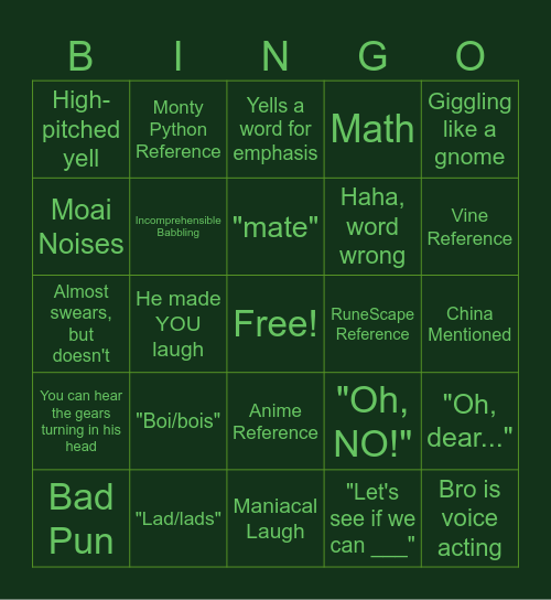 Swampy Video Bingo Card