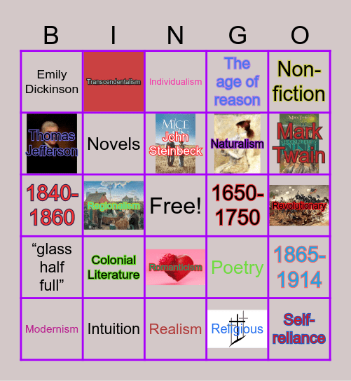 American Literature Movements Bingo Card