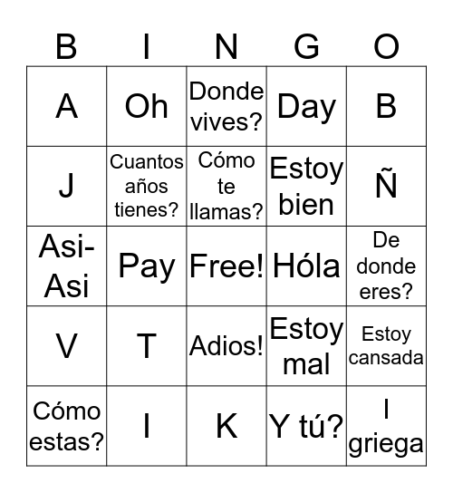 Español Bingo Card