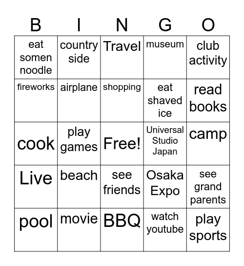 What did you do in summer vacation? Bingo Card