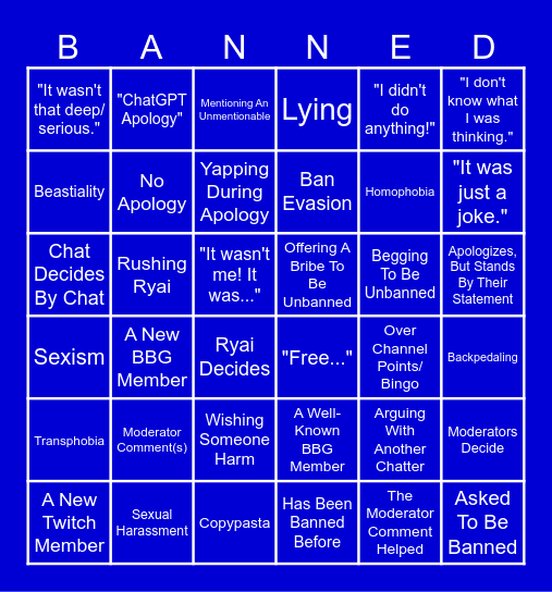 Blueryai's Unban Request Bingo Card Bingo Card