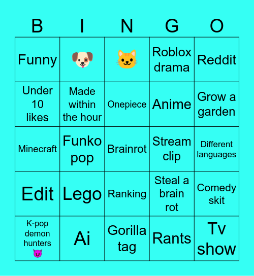 YouTube shorts bingo Card