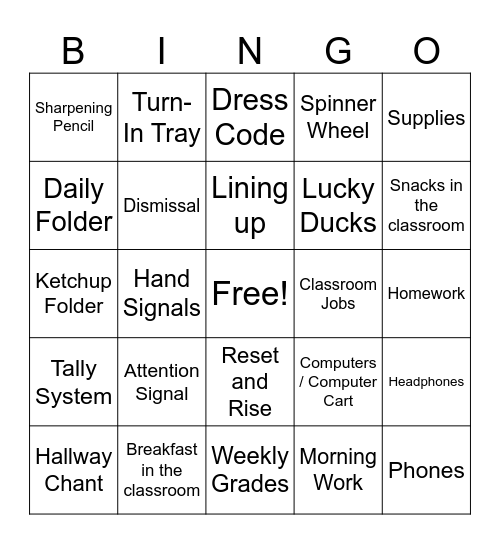 Routines & Procedures in 208 Bingo Card