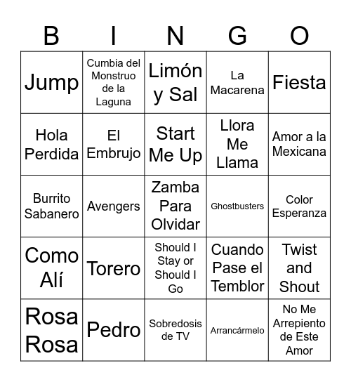 BINGO DE CANCIONES Bingo Card