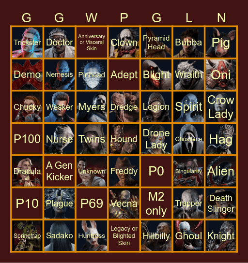 KiazRell's Twitch Stream Dead by Daylight Killer Bingo Card