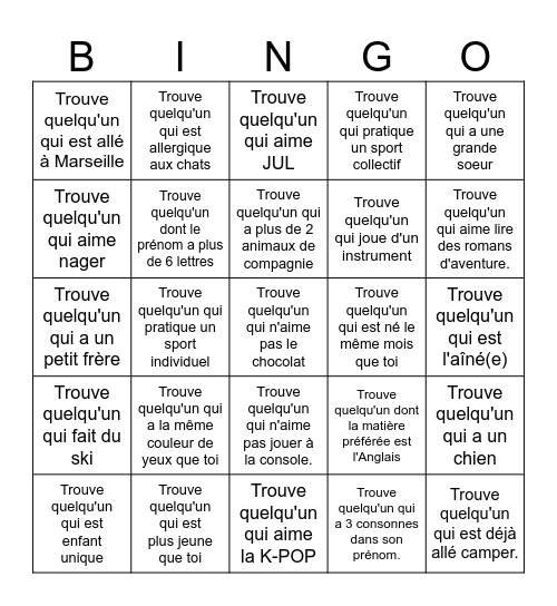Trouve quelqu'un qui... #1 Bingo Card