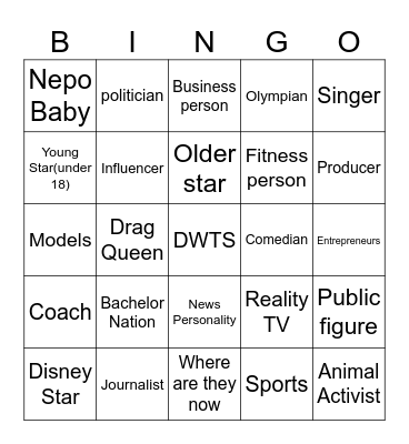 DWTS Cast reveal Bingo Card