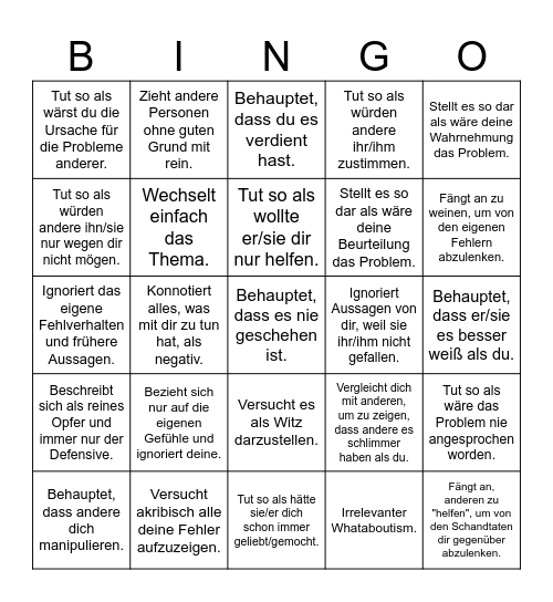 Das verbotene Gaslighting no Jutsu Bingo Card