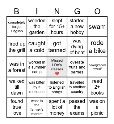 This summer I ... Bingo Card