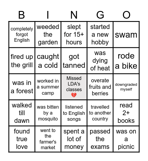 This summer I ... Bingo Card
