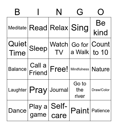 Stress Managment Bingo Card