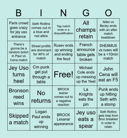 WWE Fan Bingo Card