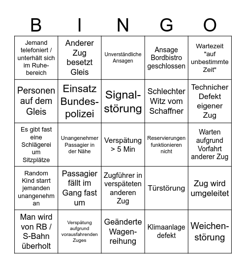Deutche Bahn Verspätung Bingo Card