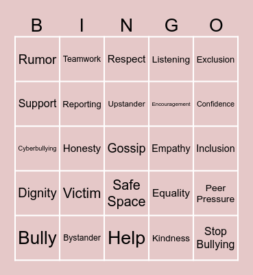 Anti-Bullying Bingo card Bingo Card