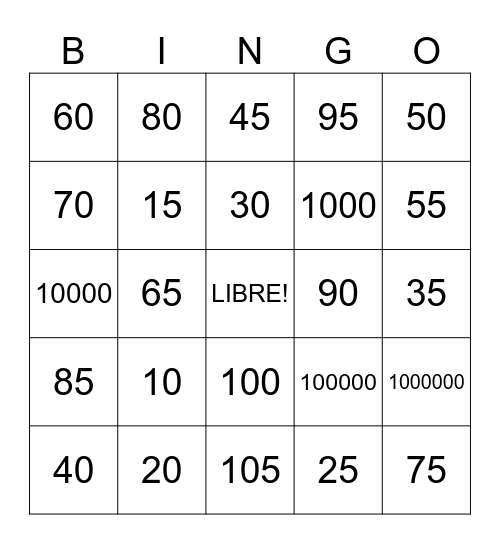 Les numéros 10's Bingo Card